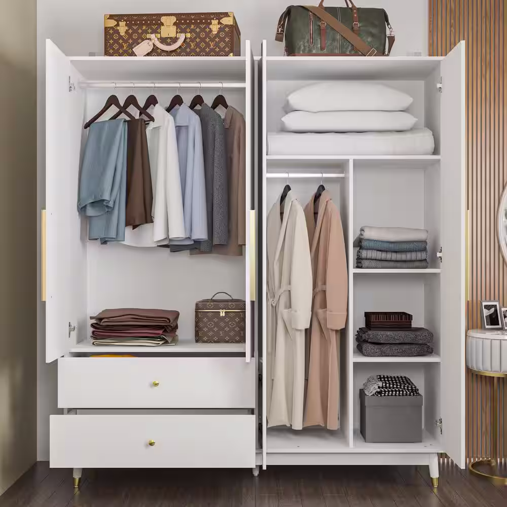 None White MDF Wood Board 63 in. Width Armoire Wardrobe with Mirrored Door, Hanging, Shelves and Drawers