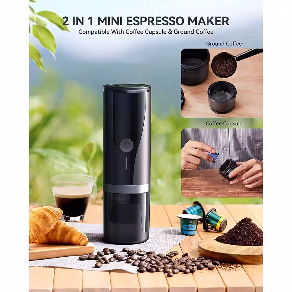 ATKING 5 Cups Stainless Steel Portable Espresso Machine Coffee Maker with Black and Fast Heating Fit for NS Capsule