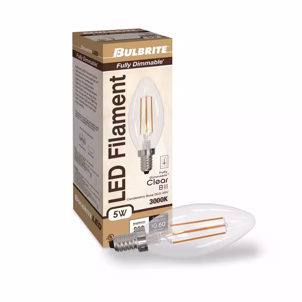 Bulbrite 60-Watt Equivalent B11 Soft White Light 3000K, (E12)Candelabra Screw Base Dimmable Clear Filament LED Light Bulb(4-Pack)