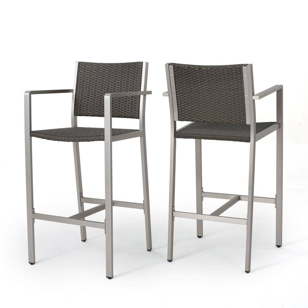 Noble House Gray 3-Piece Faux Rattan Square Outdoor Bar Height Bistro Set