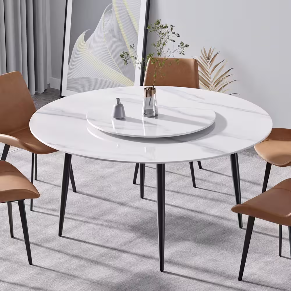 Magic Home 53.15 in. Circular Sintered Stone Tabletop Kitchen Dining Table with Lazy Susan with 4 Black Metal Legs (6 Seats)