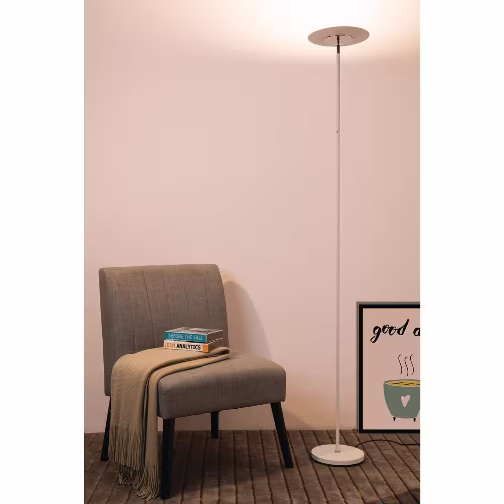 ORE International 72 in. Satin White Linea LED Adj Torchiere Floor Lamp