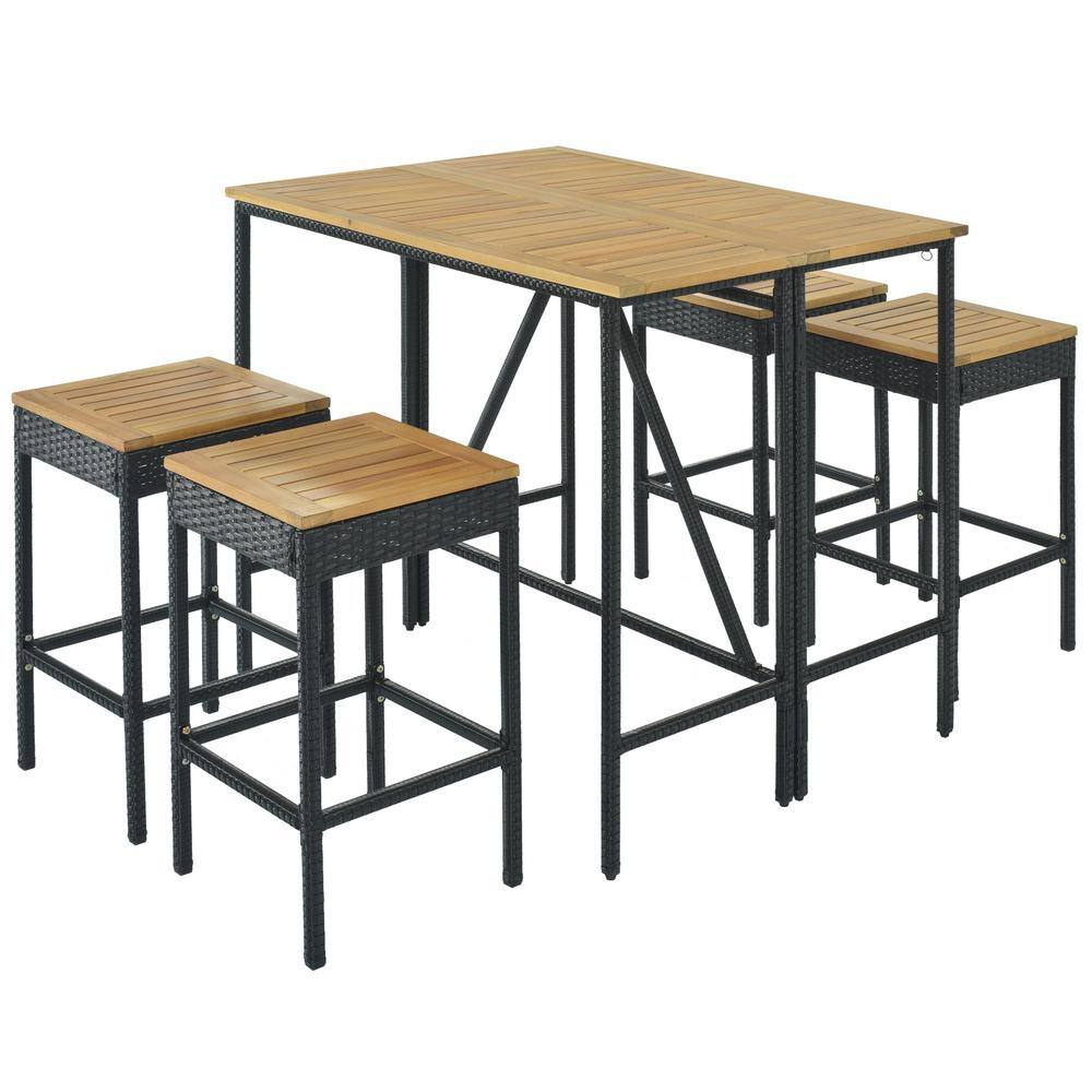 waelph 5-Piece Wicker Rectangle Outdoor Bistro Set with 4 Stools and 1 Wood Table in Brown