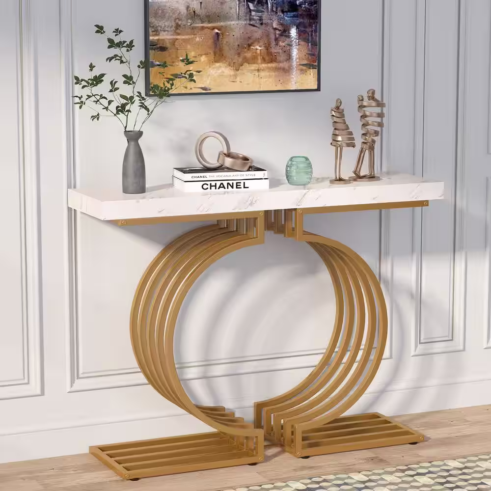BYBLIGHT Turrella 40 in. Faux Marble White 32 in. Height Rectangle MDF Console Table with Gold Base, Modern Entryway Sofa Table