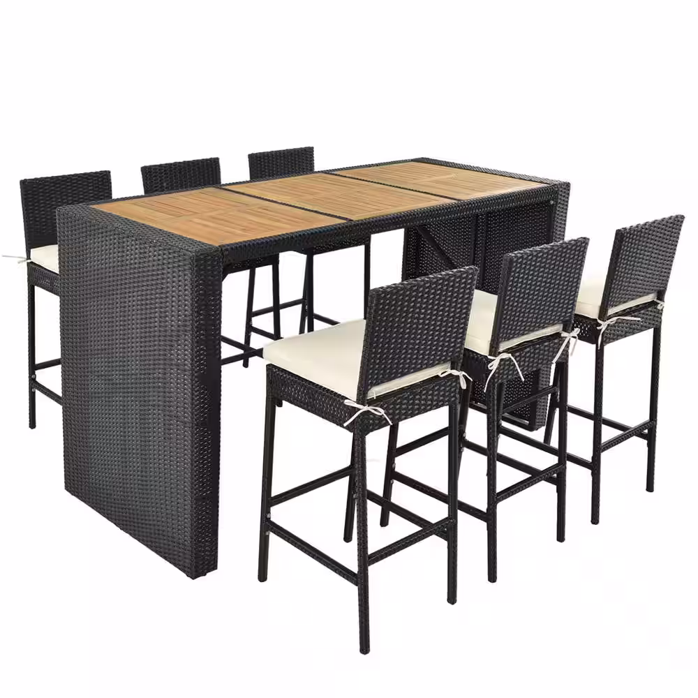 None 7-Piece Wicker Patio Outdoor Dining Set with Beige Cushions