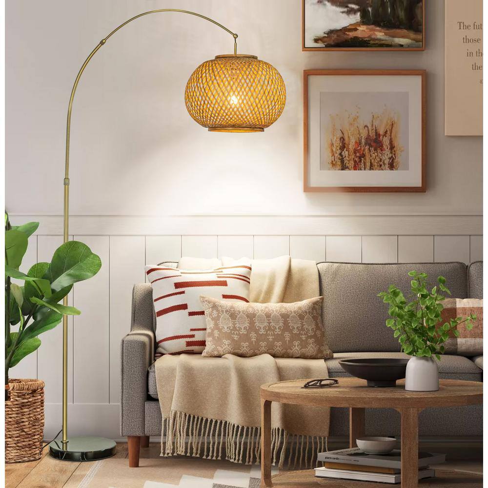 None 77 in. Antique Brass Gold 1-Light Arc Floor Lamp with Hand-Woven Bamboo Shade and Black Marble Base