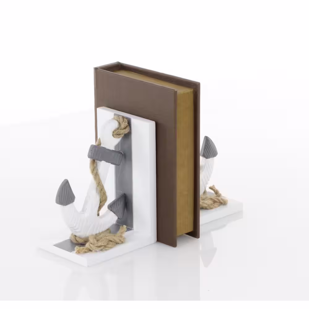 Litton Lane White Wood Anchor Bookends with Rope Detail (Set of 2)