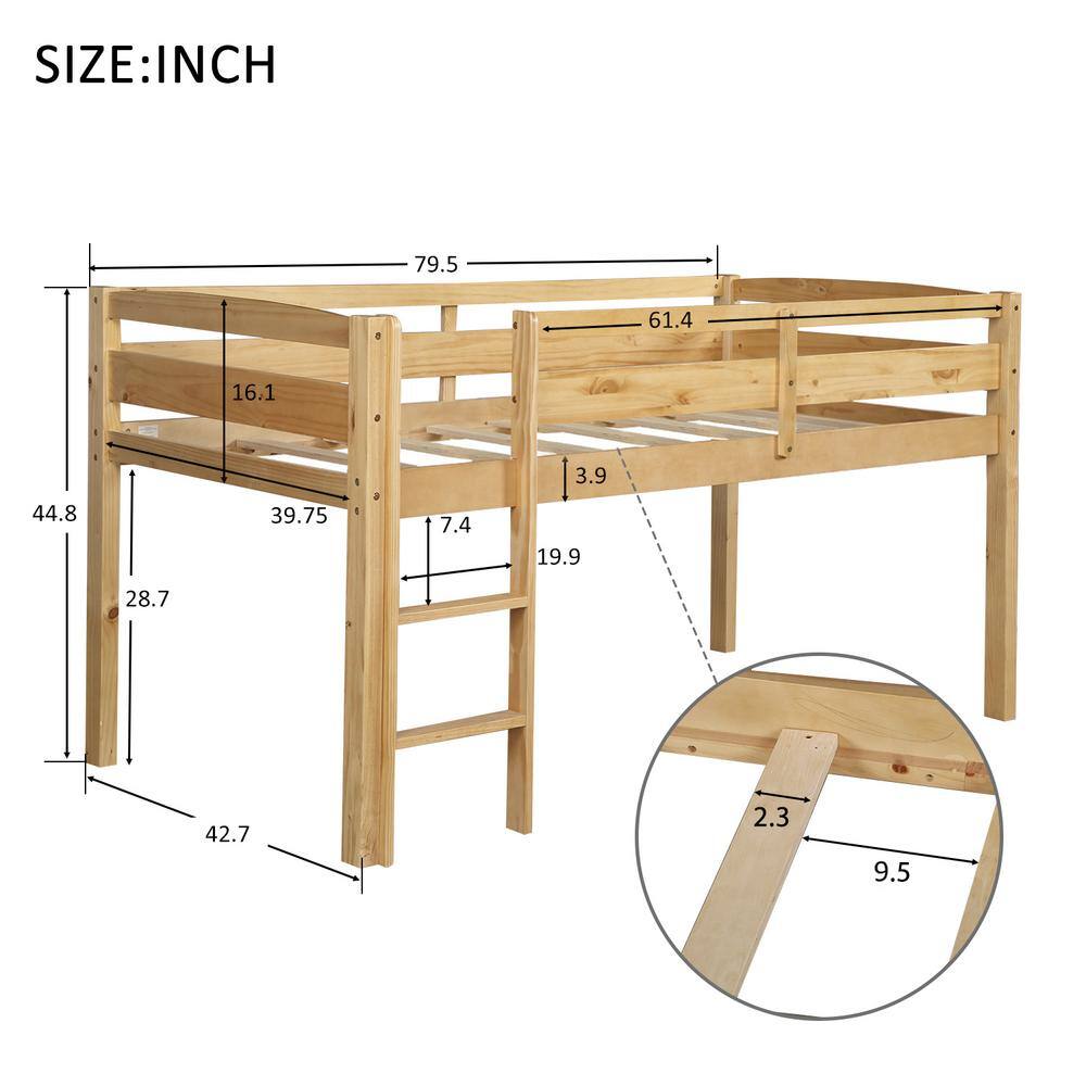 Harper & Bright Designs Walnut Twin Size Wood Low Loft Bed with Ladder