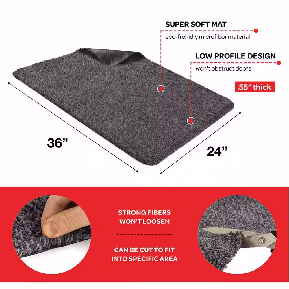 Kaluns Solid Front Doormat, Super Absorbent. 24 in X 36 in (Black / Grey)
