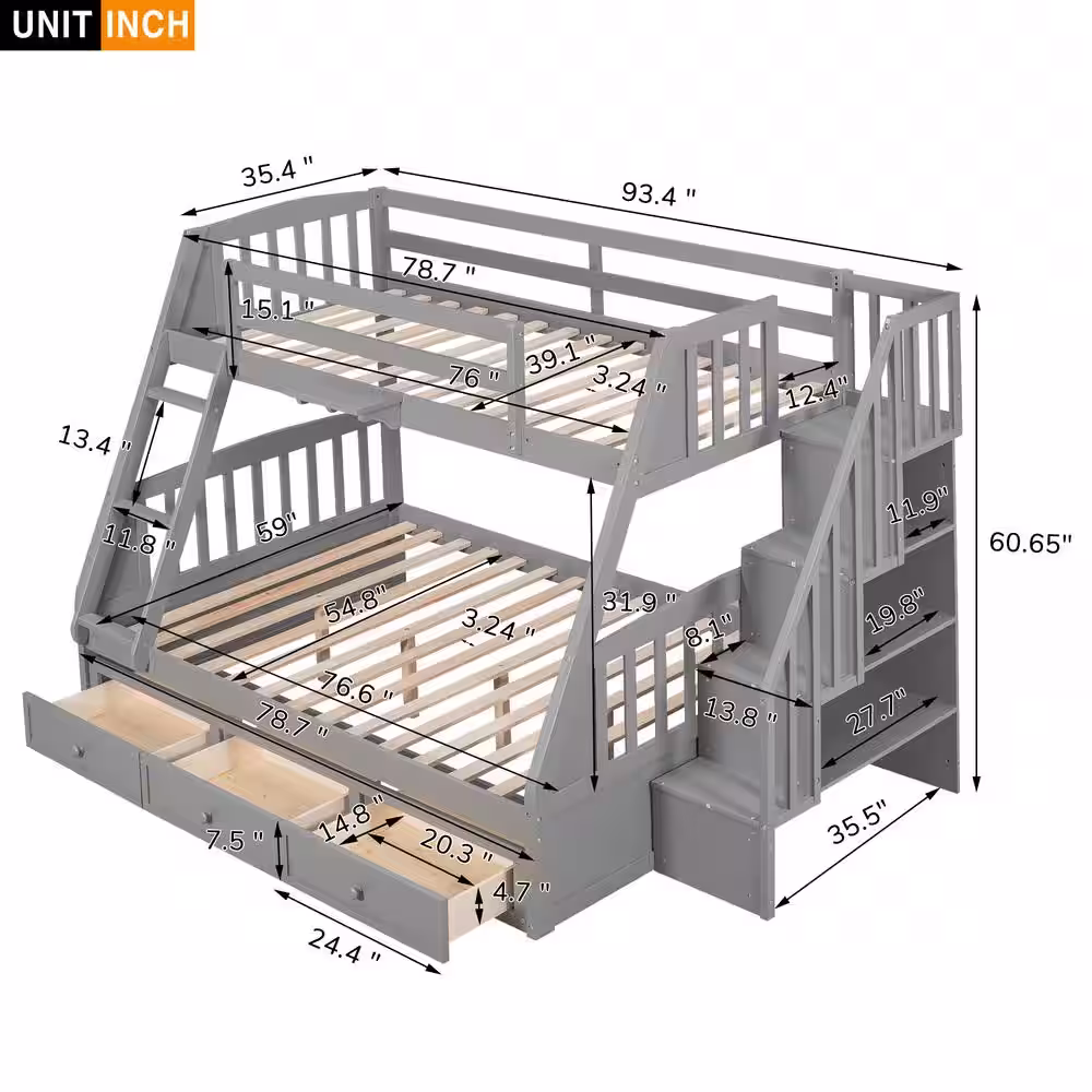 Harper & Bright Designs Gray Twin Over Full Wood Bunk Bed with 3-Drawers, Ladder and Storage Staircase