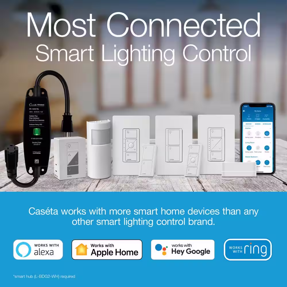 Lutron Caseta Smart Switch 3 Way Kit, with Remote/Bracket, for All Bulbs or Fans, 5A/Neutral Wire Required, White (P-PKG1WS-WH)