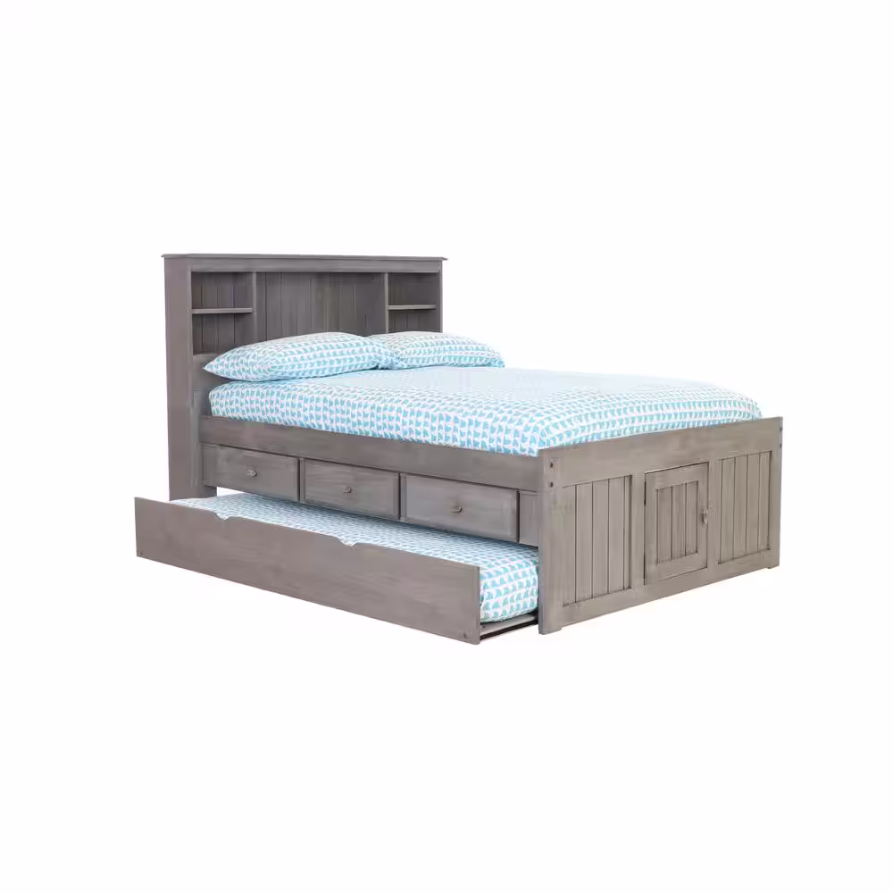 OS Home and Office Furniture Mission Charcoal Gray Full Sized Captains Bookcase Bed with 3-Drawers and a Twin Trundle