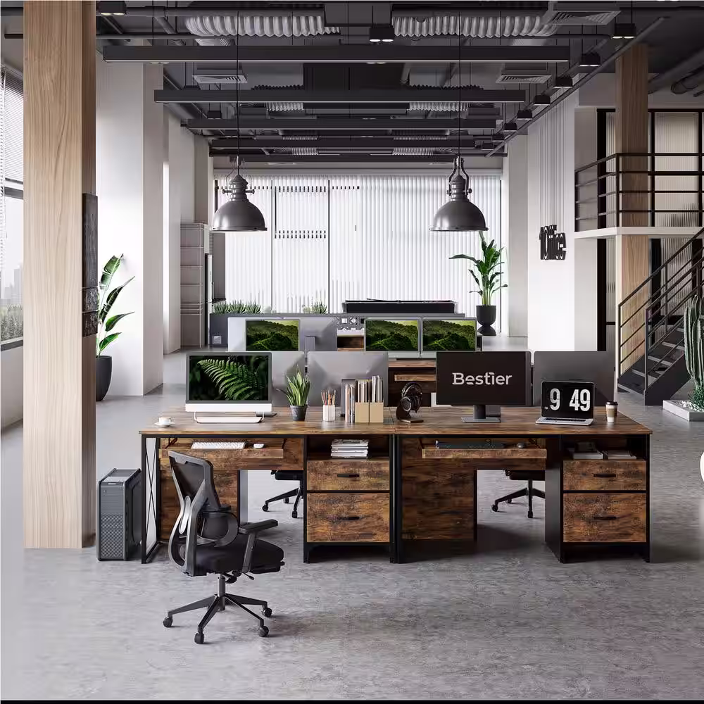 Bestier 55 in. Office Desk with Storage Drawers and Keyboard Tray Rustic Brown
