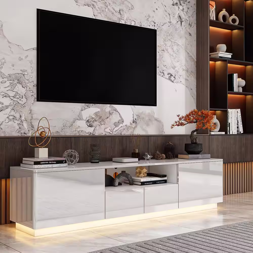 WIAWG 70.8 in. W x 14.5 in. D x 17.3 in. H, White Luxury Wooden Entertainment up to 75 in. with 4-Drawers and 1 Shelf