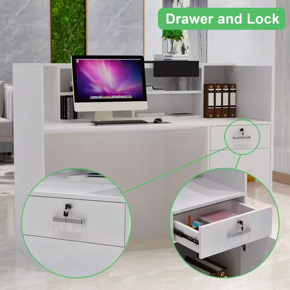 None 55.1 in. W x 23.6 in. D Rectangular White MDF Writing Desk with a Desktop, 6-Storage Shelves, 1-Drawer and 1-Cabinet