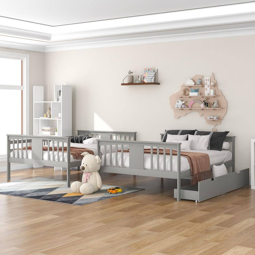 Harper & Bright Designs Gray Full Wood Bunk Bed with Drawers and Ladder