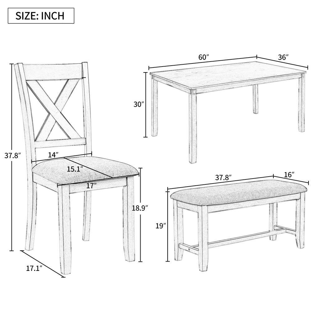 Harper & Bright Designs 6-Piece Wood Top Gray Dining Table Set with 4-Dining Chairs and 1-Bench