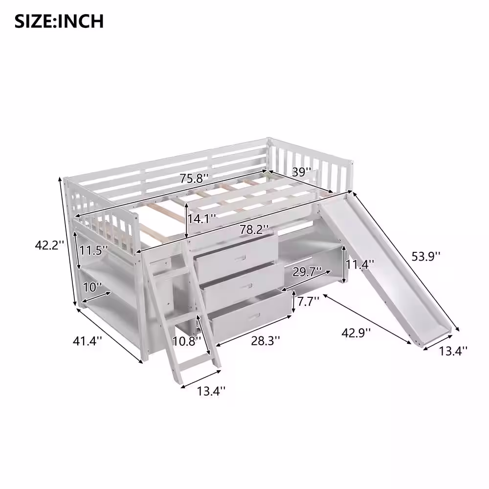 Harper & Bright Designs Low White Twin Size Loft Bed with Slide, Attached Bookcases and Separate 3-Tier Drawers