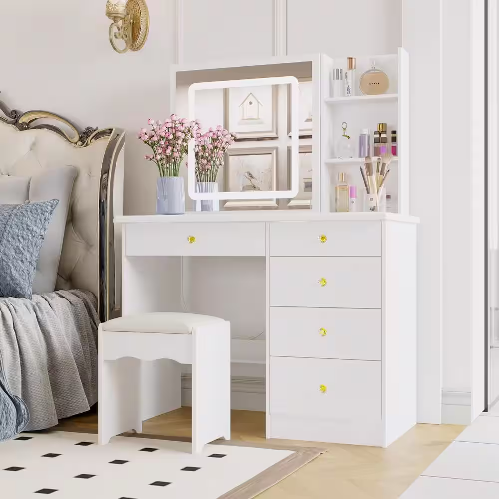 None White Wood 39.4 in. W Large Glass Top Table Dresser Dressing Desk with LED Dimmable Mirror, 5-Drawers, Hidden shelves